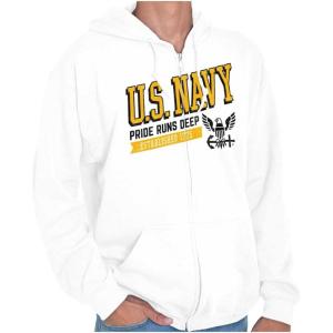Brisco Brands US Navy Pride Runs Deep Est 1775 Zip Up Hoodie Mens Womens(White)