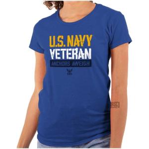 US Navy Logo Veteran Anchors Aweigh Womens Slim Fit Graphic Tee(Royal)