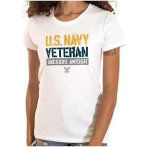 US Navy Logo Veteran Anchors Aweigh Womens Slim Fit Graphic Tee(White)