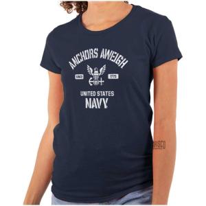 United States Navy Logo Anchor Aweigh Womens Slim Fit Graphic Tee(Navy)