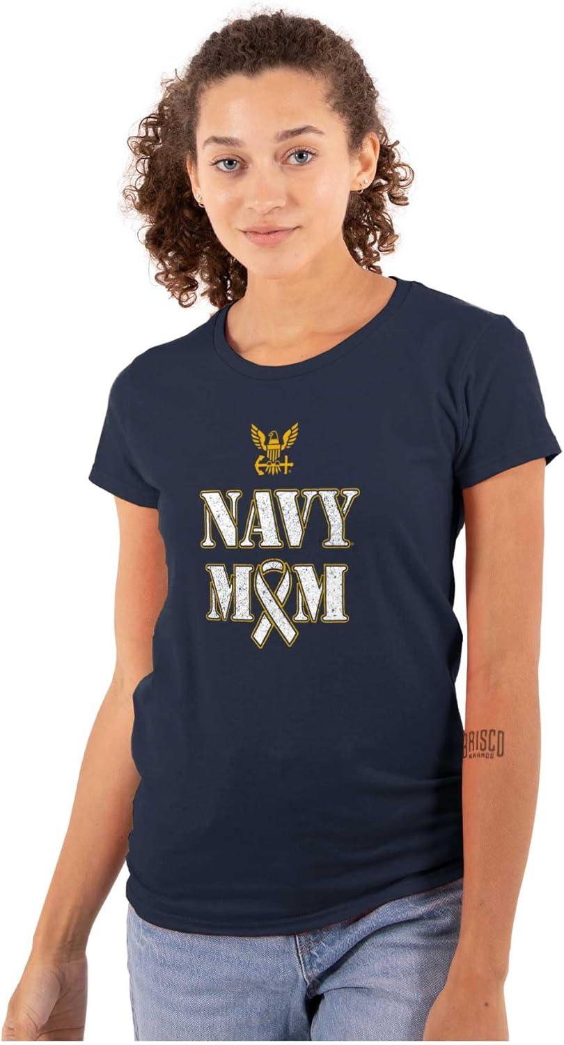 imageBrisco Brands US Navy Mom Military Support Ribbon Womens Slim Fit Graphic TeeNavy