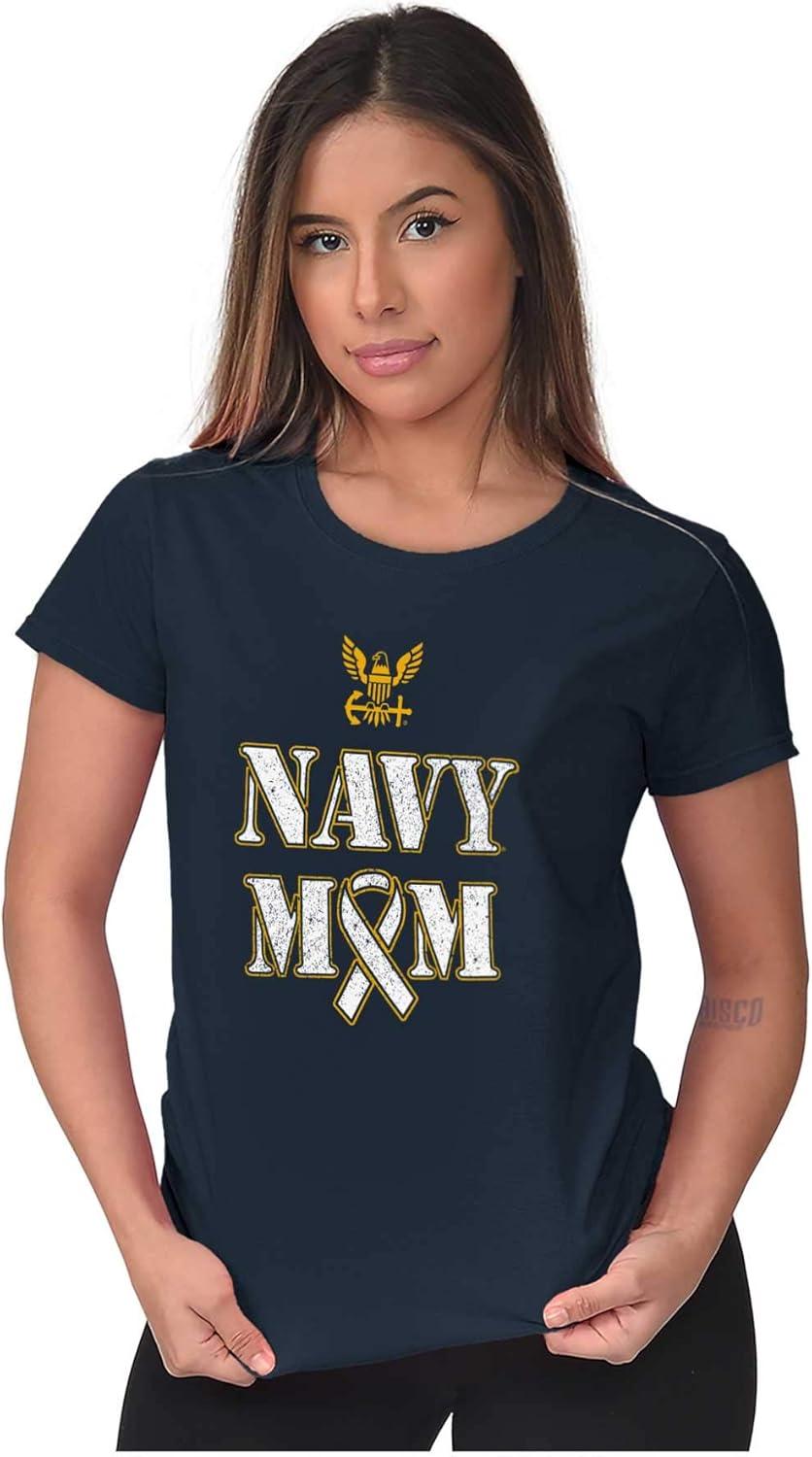 imageBrisco Brands US Navy Mom Military Support Ribbon Womens Slim Fit Graphic TeeNavy