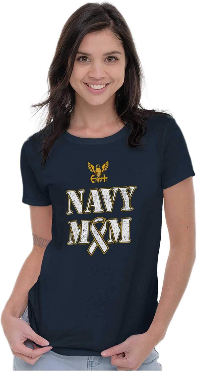 imageBrisco Brands US Navy Mom Military Support Ribbon Womens Slim Fit Graphic TeeNavy