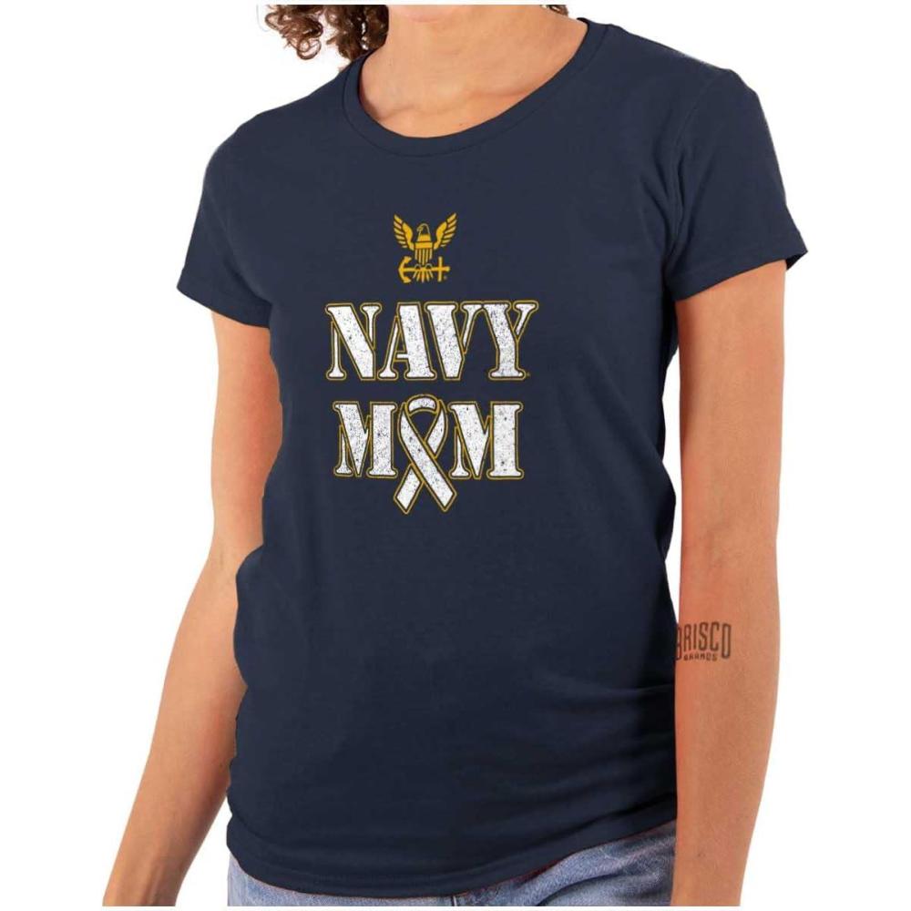 imageBrisco Brands US Navy Mom Military Support Ribbon Womens Slim Fit Graphic TeeNavy