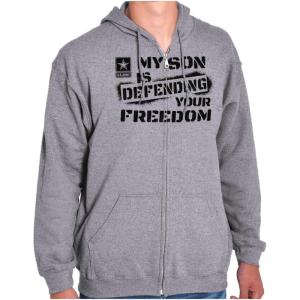 Brisco Brands US Army My Son Defending Freedom Zip Up Hoodie Mens Womens(Sport Grey)