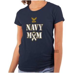 Brisco Brands US Navy Mom Military Support Ribbon Womens Slim Fit Graphic Tee(Navy)