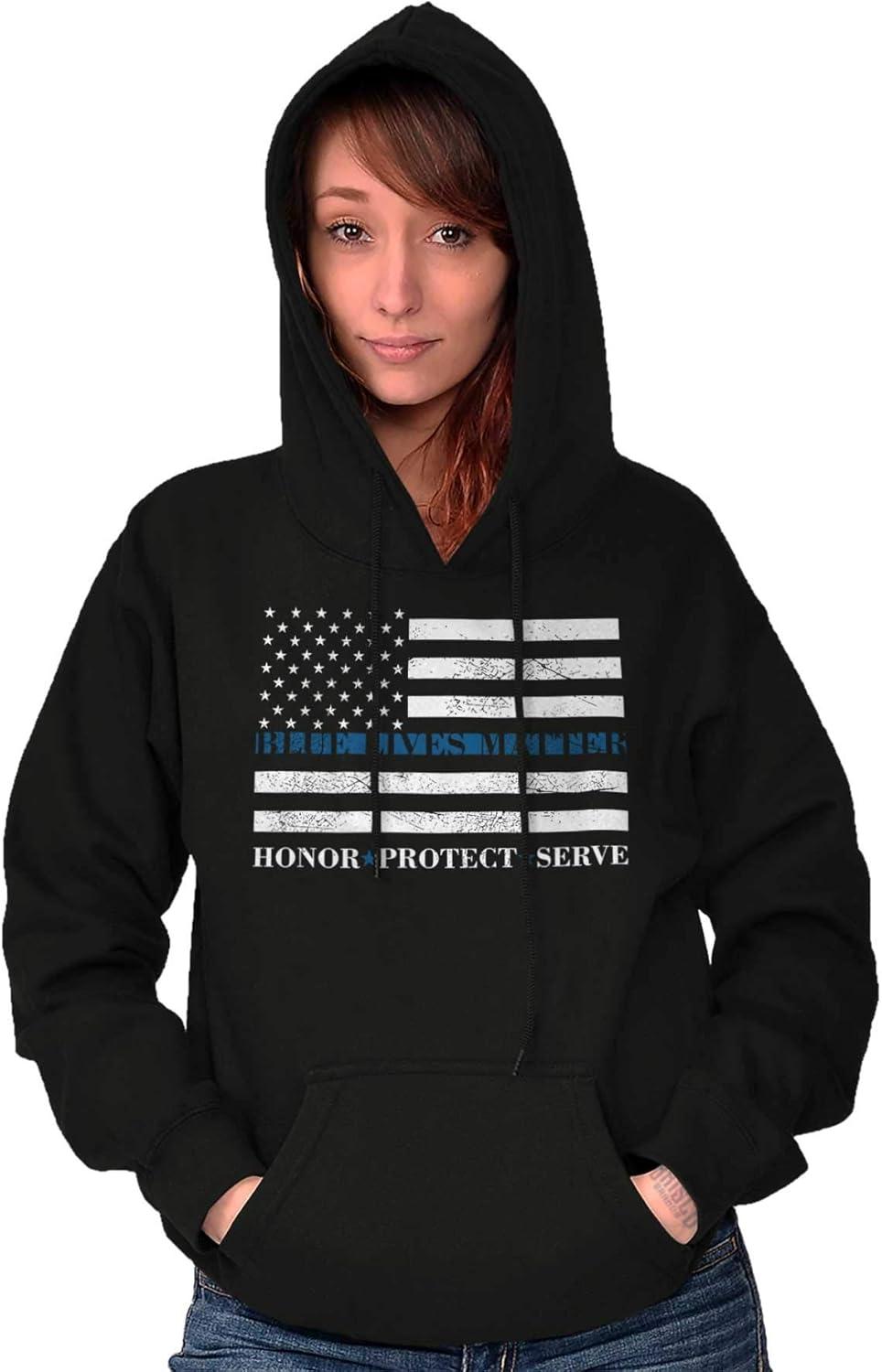 imageBrisco Brands Blue Line US Flag Honor Protect Serve Hoodie Sweatshirt Women MenBlack