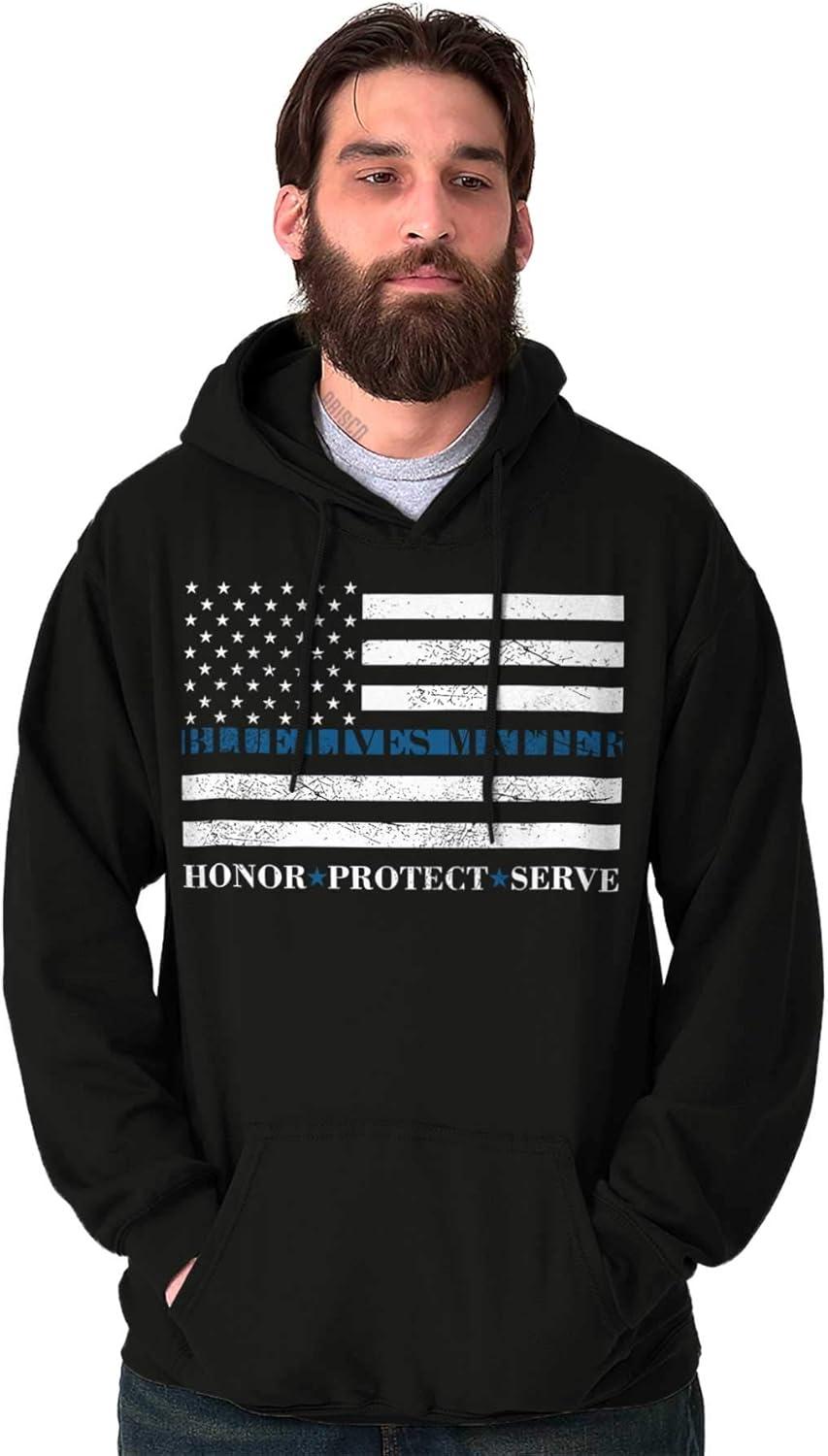 imageBrisco Brands Blue Line US Flag Honor Protect Serve Hoodie Sweatshirt Women MenBlack