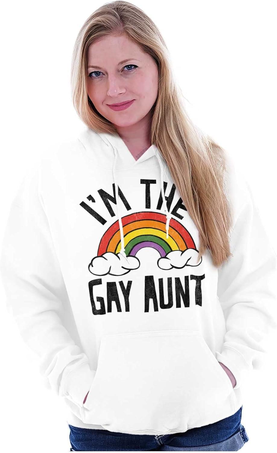 imageBrisco Brands Cute Rainbow Proud LGBTQ Gay Auntie Hoodie Sweatshirt WomenWhite