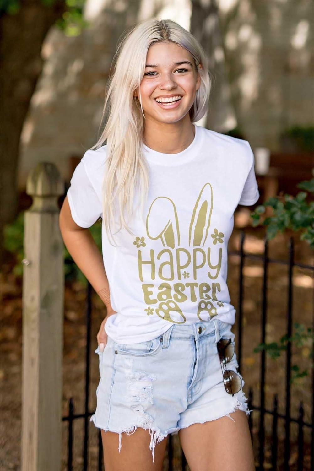 imageBrisco Brands Cute Spring Happy Easter Bunny Ears Womens Graphic T Shirt TeesWhite