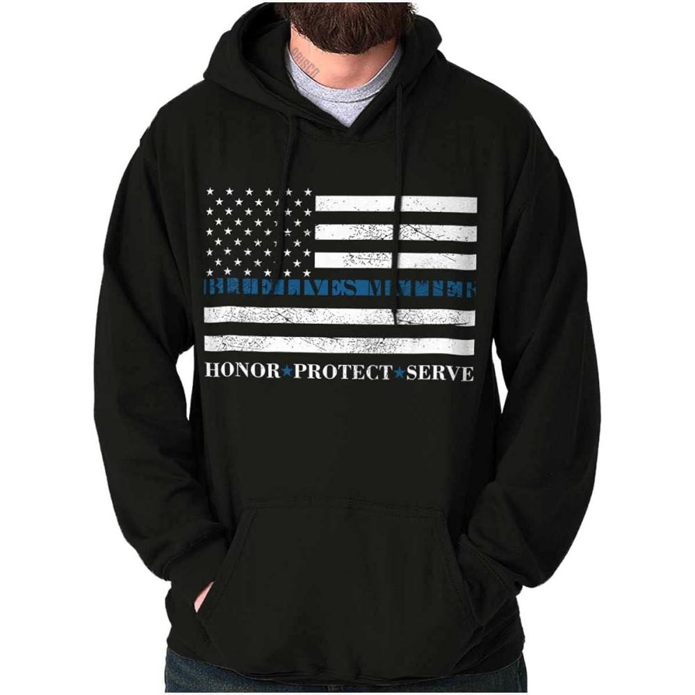 imageBrisco Brands Blue Line US Flag Honor Protect Serve Hoodie Sweatshirt Women MenBlack