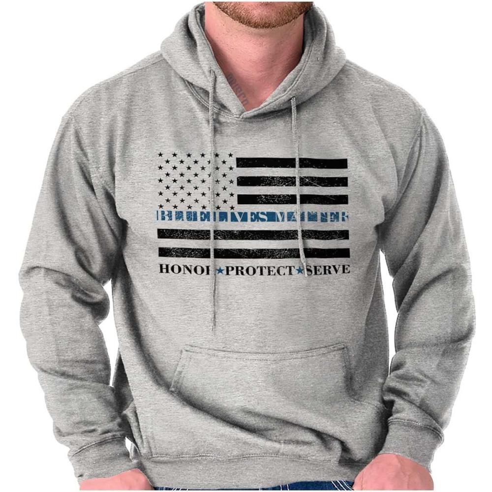 imageBrisco Brands Blue Line US Flag Honor Protect Serve Hoodie Sweatshirt Women MenSport Grey