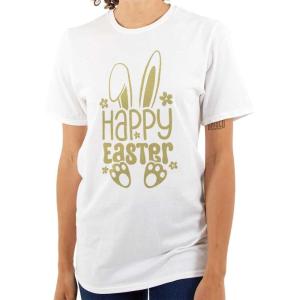 Brisco Brands Cute Spring Happy Easter Bunny Ears Womens Graphic T Shirt Tees(White)