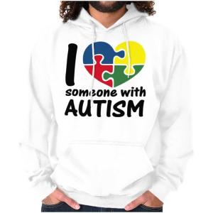 Brisco Brands I Love Someone with Autism Puzzle Hoodie Sweatshirt Women Men(White)