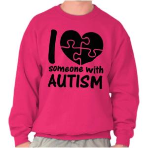 Brisco Brands I Love Someone with Autism Puzzle Sweatshirt for Men or Women(Heliconia)