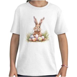 Vintage Easter Bunny with Eggs Girls Kids T Shirt Tees(White)