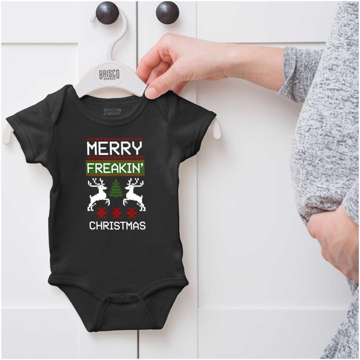 imageBrisco Brands Ugly Merry Freakin Christmas Pattern Baby Romper Boys or GirlsBlack