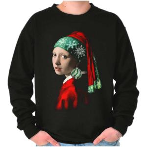 Brisco Brands Christmas Pearl Ornament Earring Art Sweatshirt for Men or Women(Black)