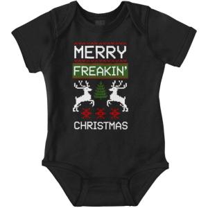 Brisco Brands Ugly Merry Freakin Christmas Pattern Baby Romper Boys or Girls(Black)
