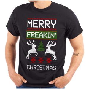 Brisco Brands Ugly Merry Freakin Christmas Pattern Graphic T Shirt Men or Women(Black)