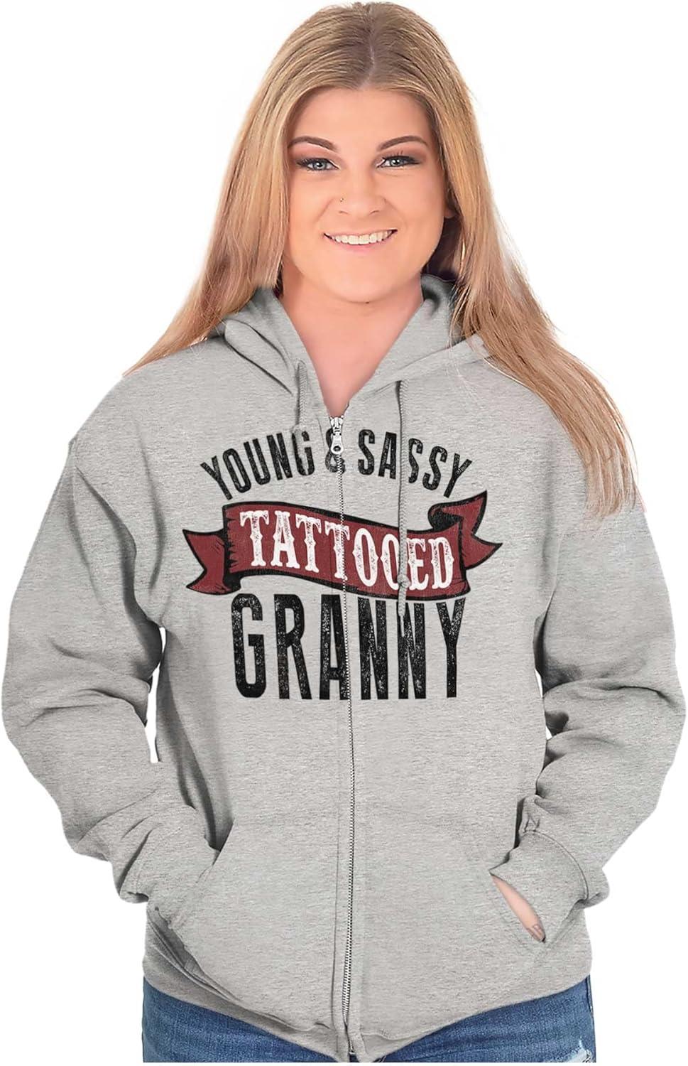 imageBrisco Brands Sassy Tattooed Granny Funny Grandma Zip Hoodie Sweatshirt WomenSport Grey