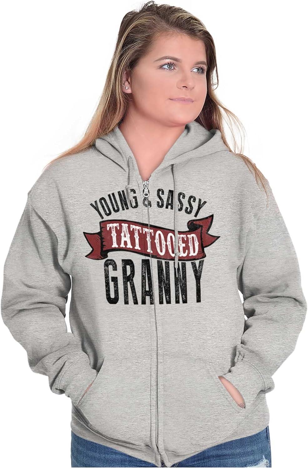 imageBrisco Brands Sassy Tattooed Granny Funny Grandma Zip Hoodie Sweatshirt WomenSport Grey