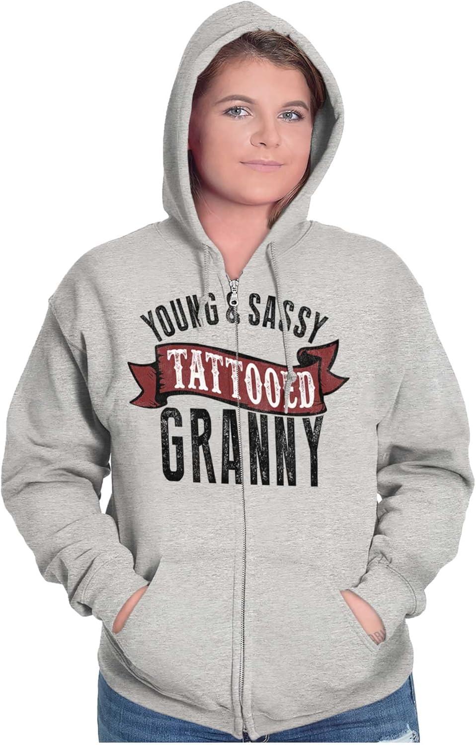 imageBrisco Brands Sassy Tattooed Granny Funny Grandma Zip Hoodie Sweatshirt WomenSport Grey