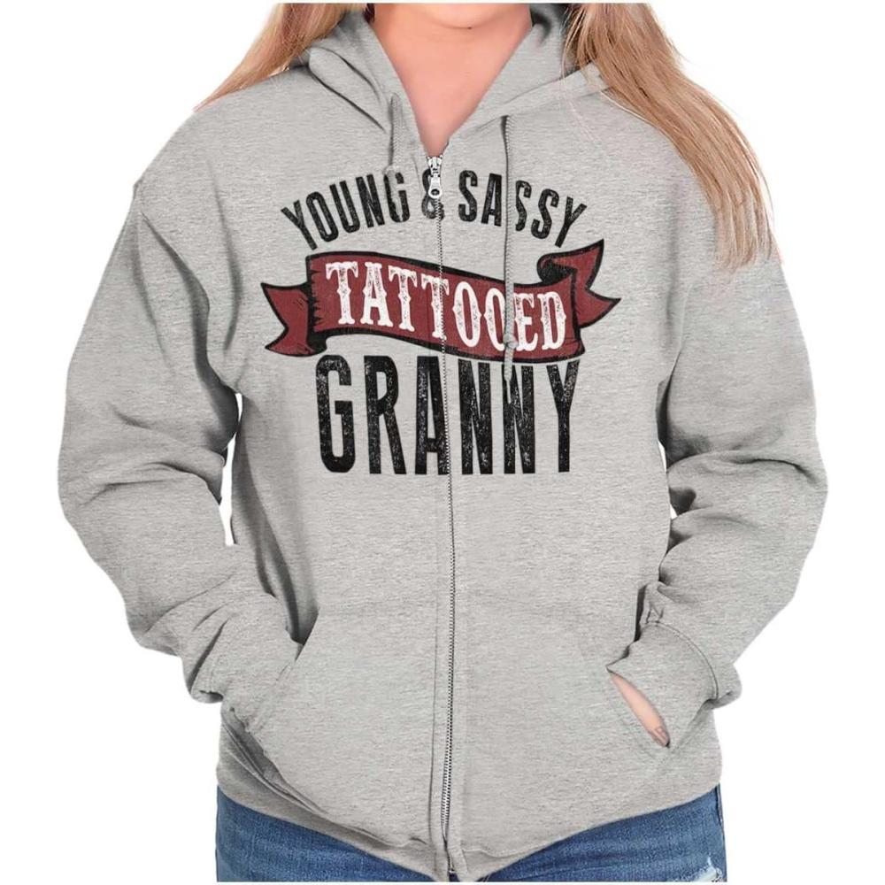 imageBrisco Brands Sassy Tattooed Granny Funny Grandma Zip Hoodie Sweatshirt WomenSport Grey