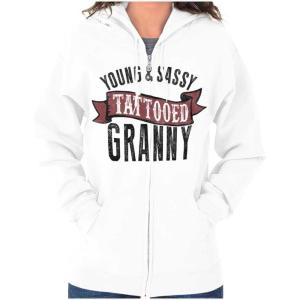 Brisco Brands Sassy Tattooed Granny Funny Grandma Zip Hoodie Sweatshirt Women(White)