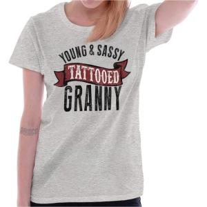 Sassy Tattooed Granny Funny Grandma Womens Slim Fit Graphic Tee(Sport Grey)