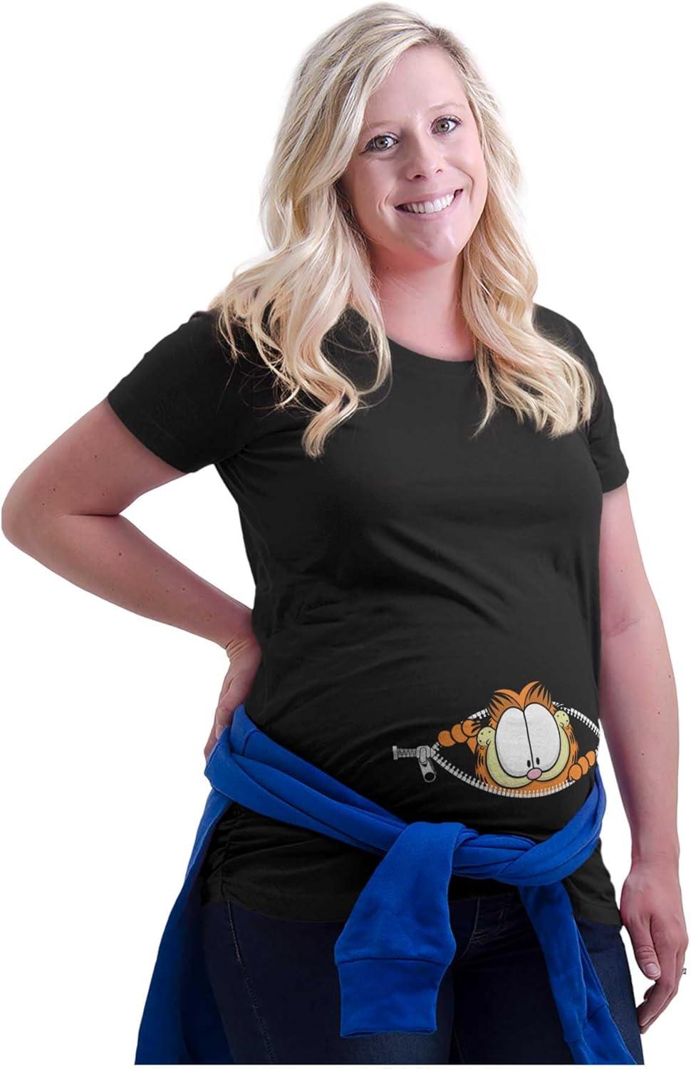 imageWomens Maternity Garfield Cartoon Peak A Boo Zipper T Shirt TeeBlack