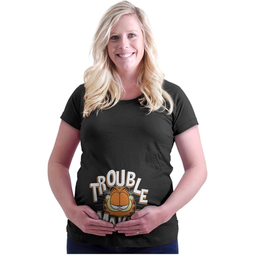 imageWomens Maternity Garfield Cartoon Funny Troublemaker T Shirt TeeBlack