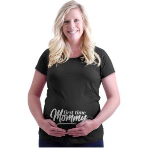 Brisco Brands Womens Maternity First Time Mommy Cute Pregnancy T Shirt Tee(Black)