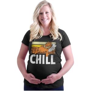 Womens Maternity Funny Retro Garfield Cartoon Chill T Shirt Tee(Black)