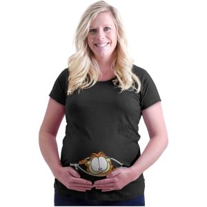 Womens Maternity Garfield Cartoon Peak A Boo Zipper T Shirt Tee(Black)