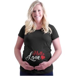 Womens Maternity Hello Love Expecting Little One T Shirt Tee(Black)