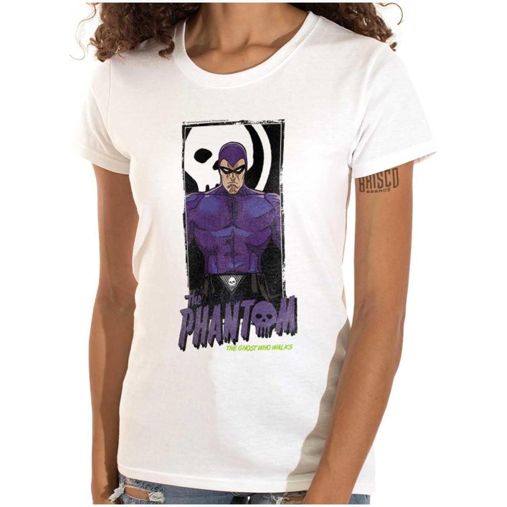 imageBrisco Brands The Phantom Ghost Who Walks Skull Womens Slim Fit Graphic TeeWhite