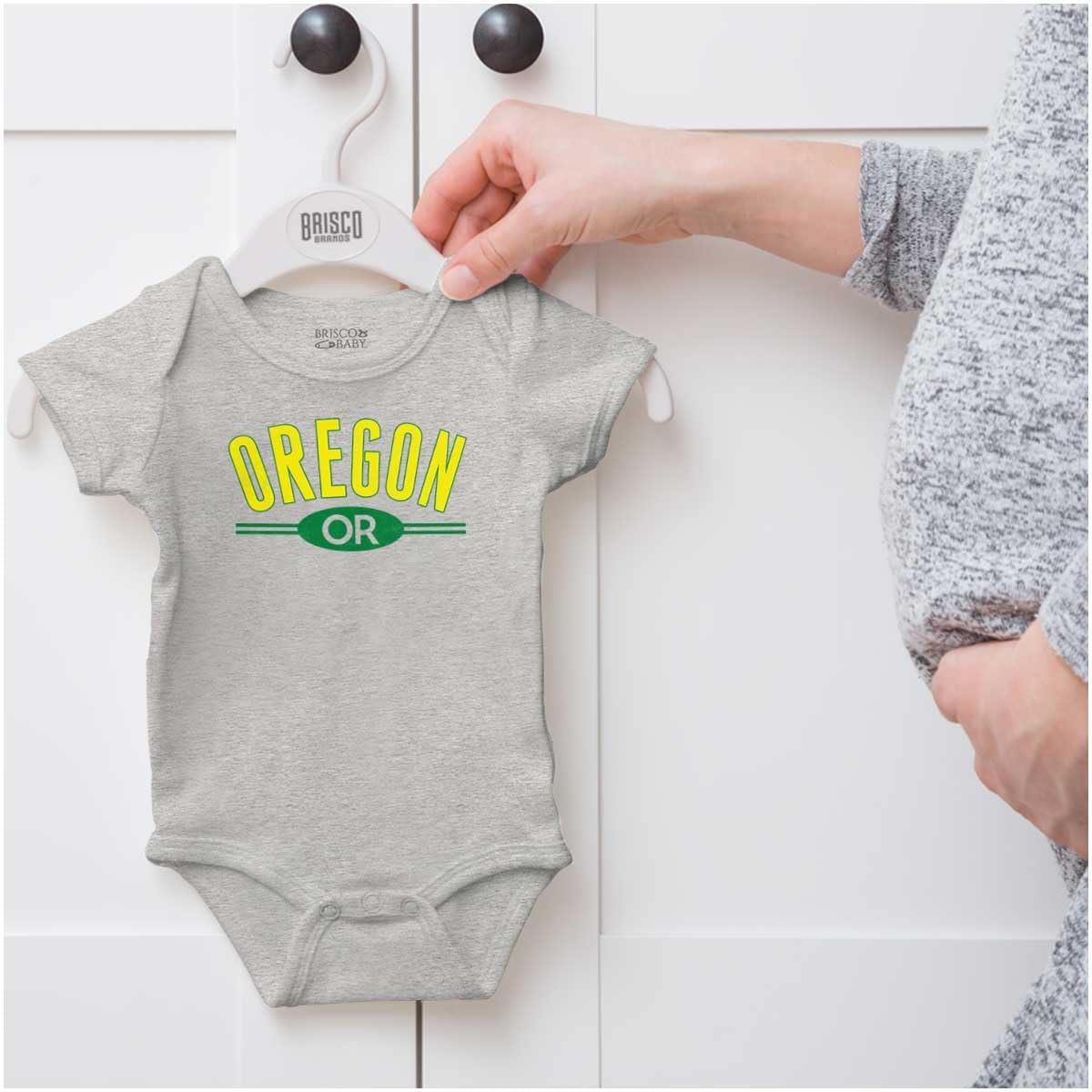 imageBrisco Brands Oregon OR Distressed Student Baby Romper Boys or GirlsHeather