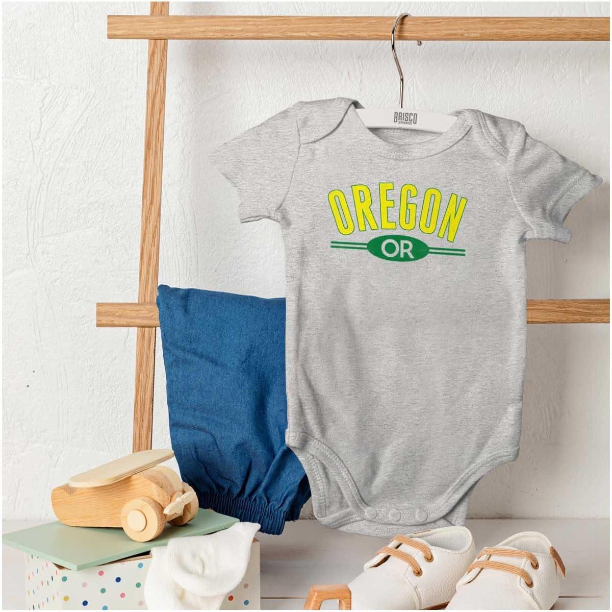 imageBrisco Brands Oregon OR Distressed Student Baby Romper Boys or GirlsHeather