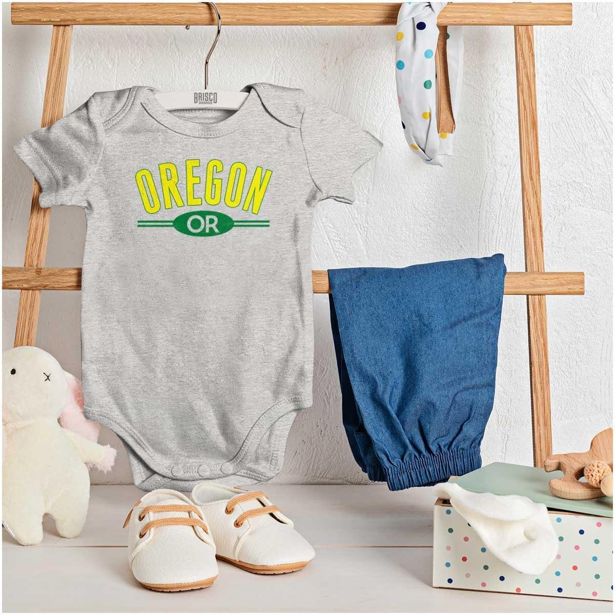 imageBrisco Brands Oregon OR Distressed Student Baby Romper Boys or GirlsHeather