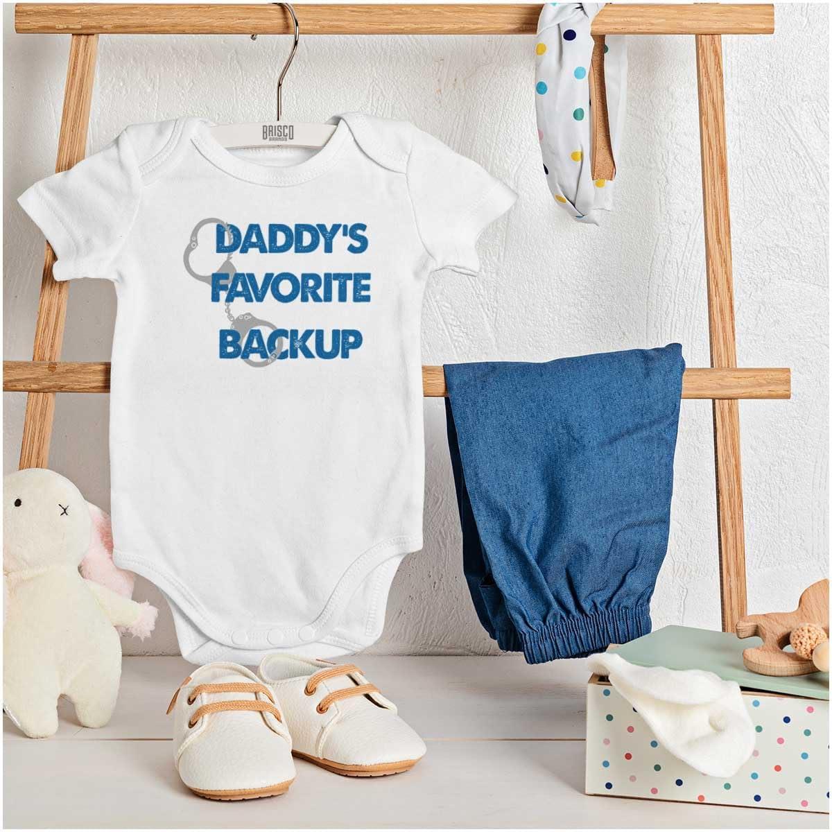imageBrisco Brands Daddy Favorite Backup Police Parent Baby Romper Boys or GirlsWhite