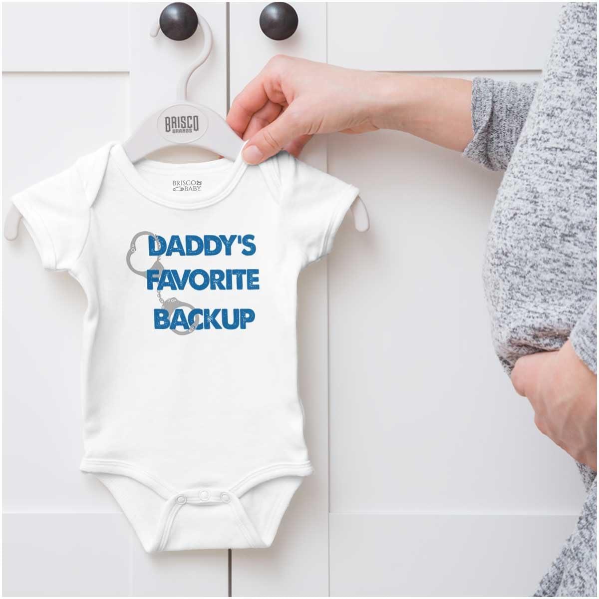 imageBrisco Brands Daddy Favorite Backup Police Parent Baby Romper Boys or GirlsWhite