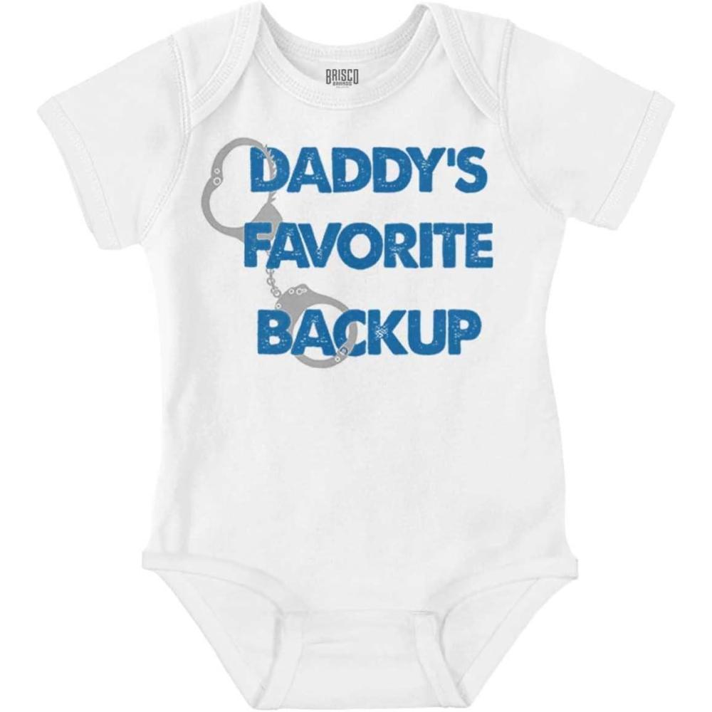 imageBrisco Brands Daddy Favorite Backup Police Parent Baby Romper Boys or GirlsWhite