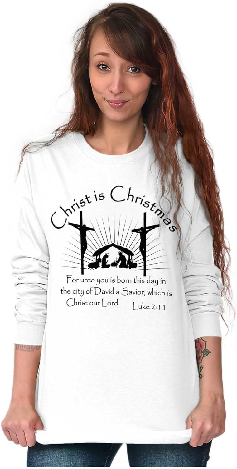 imageBrisco Brands Christ is Christmas Christian Long Sleeve Tshirt Men WomenWhite
