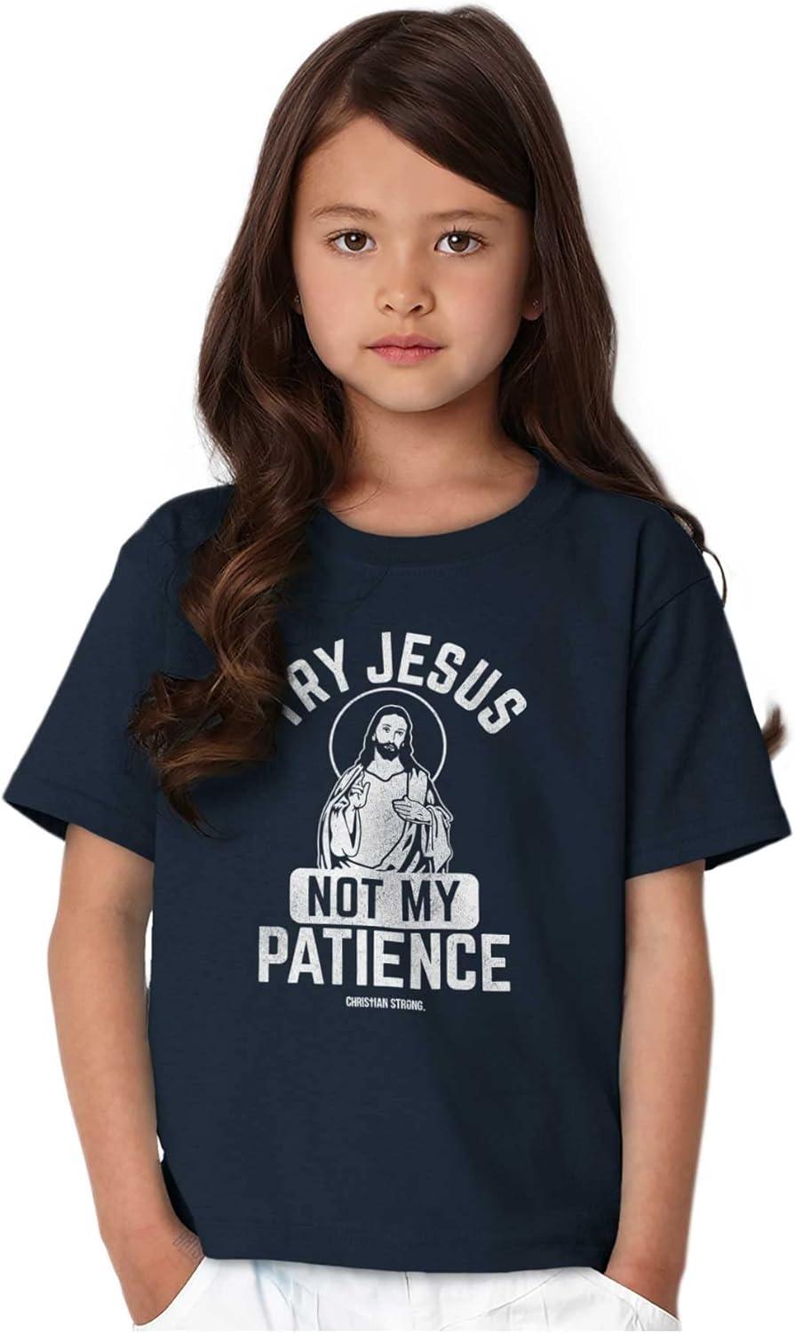 imageFunny Try Jesus Not My Patience Crewneck T Shirts Boy GirlNavy