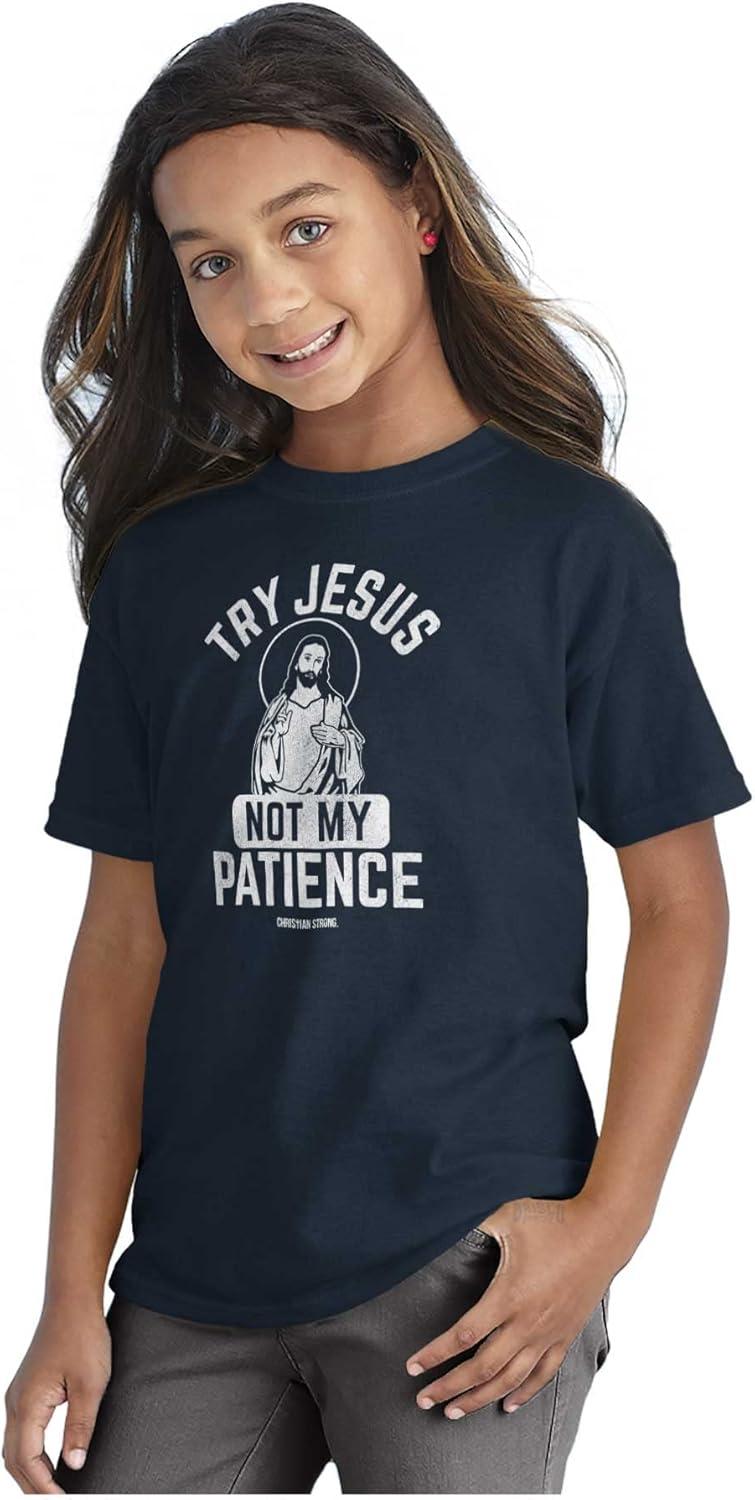 imageFunny Try Jesus Not My Patience Crewneck T Shirts Boy GirlNavy