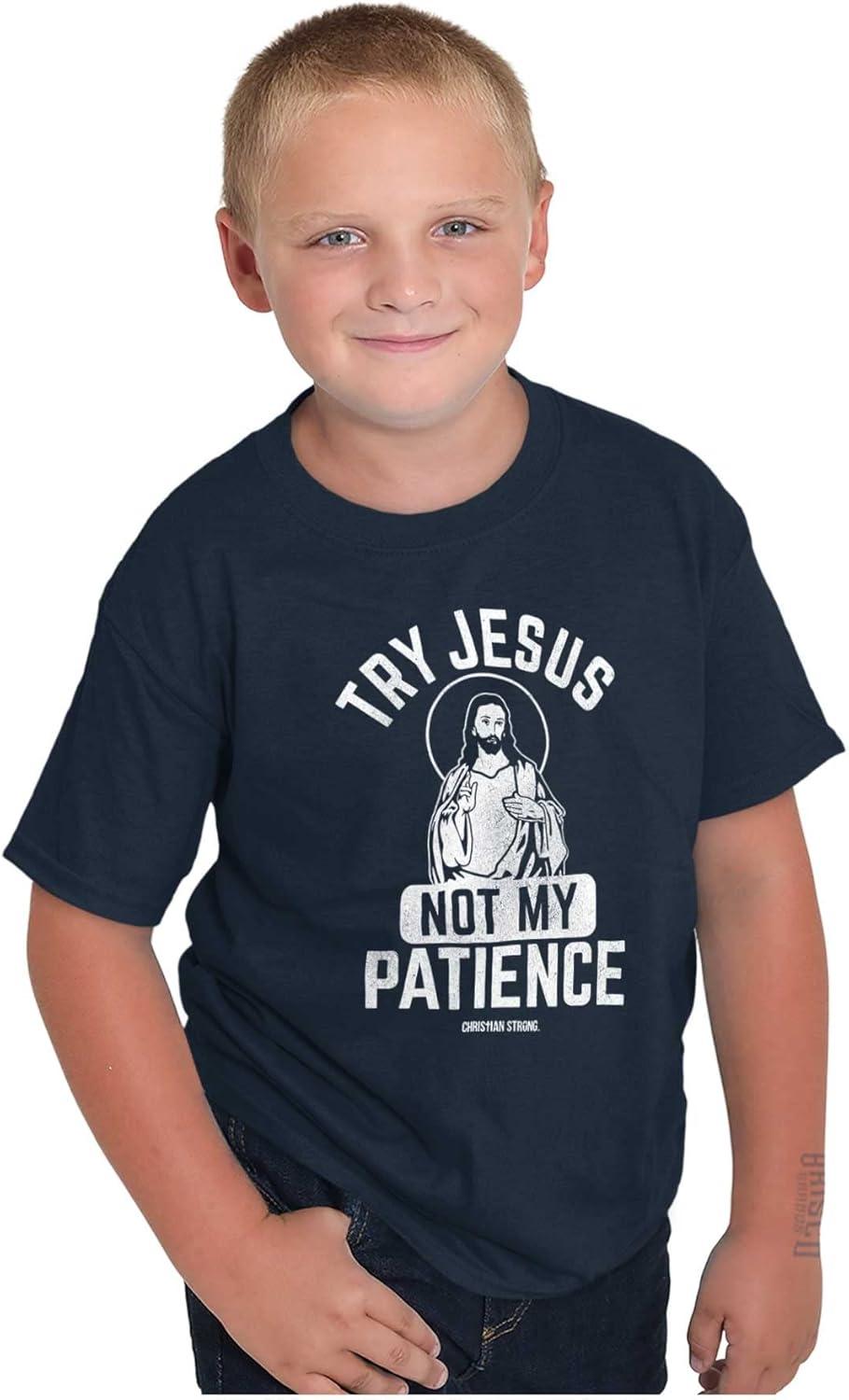 imageFunny Try Jesus Not My Patience Crewneck T Shirts Boy GirlNavy