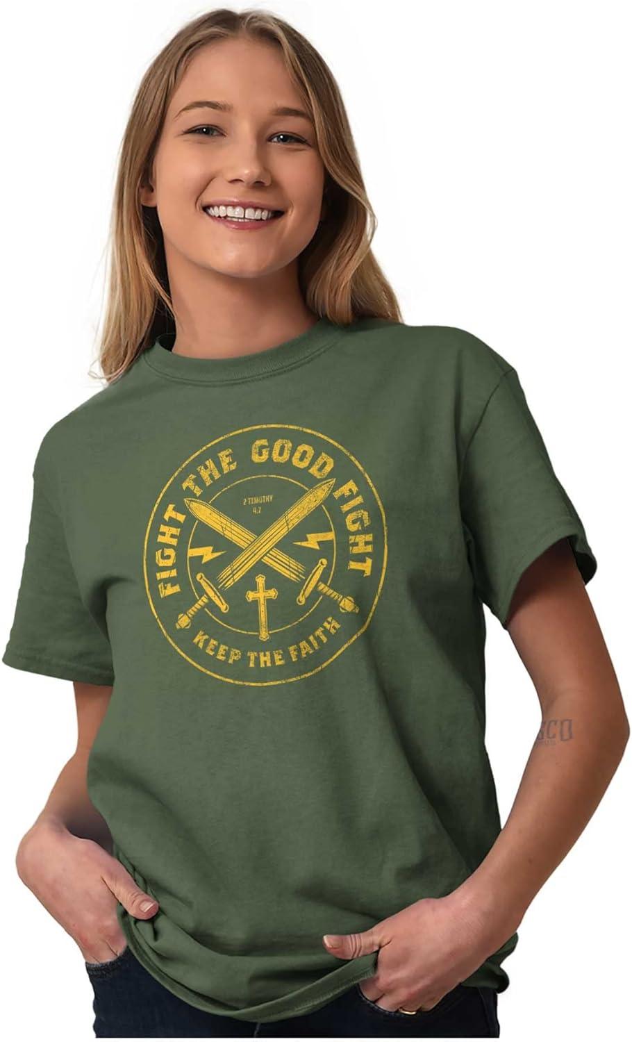 imageKeep The Faith Christian Graphic T Shirt Religious Mens Bible Verse Scripture Tee with Cross and SwordsMilitary Green