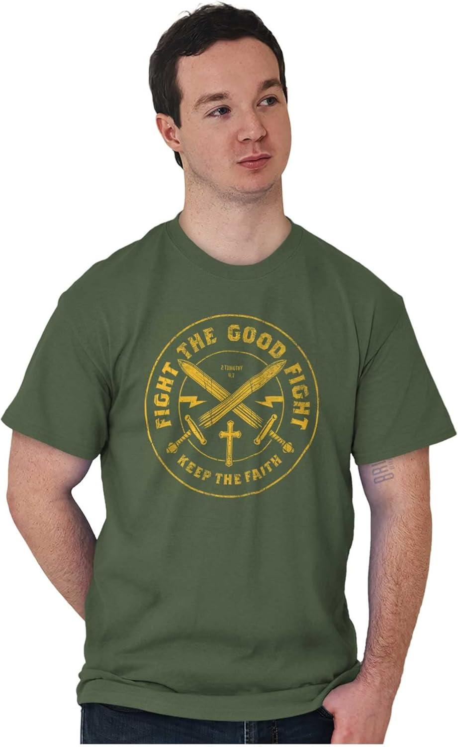imageKeep The Faith Christian Graphic T Shirt Religious Mens Bible Verse Scripture Tee with Cross and SwordsMilitary Green