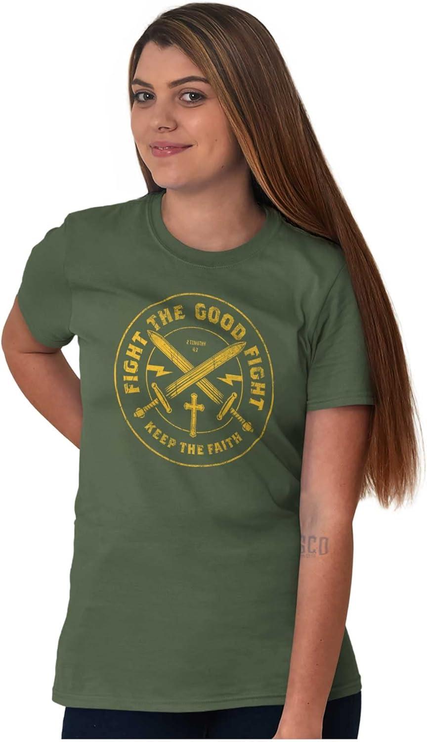 imageKeep The Faith Christian Graphic T Shirt Religious Mens Bible Verse Scripture Tee with Cross and SwordsMilitary Green